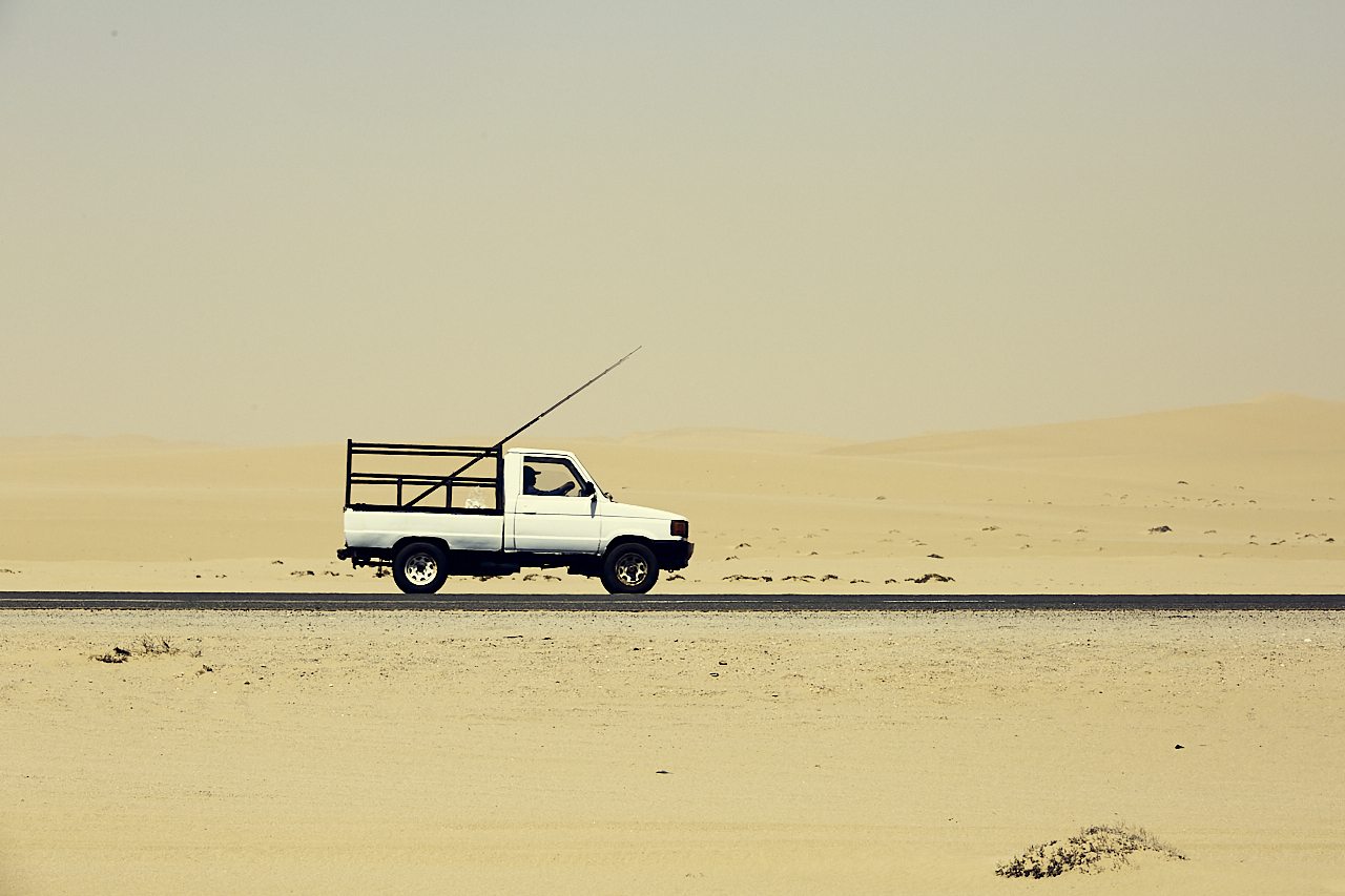 White van in the desert